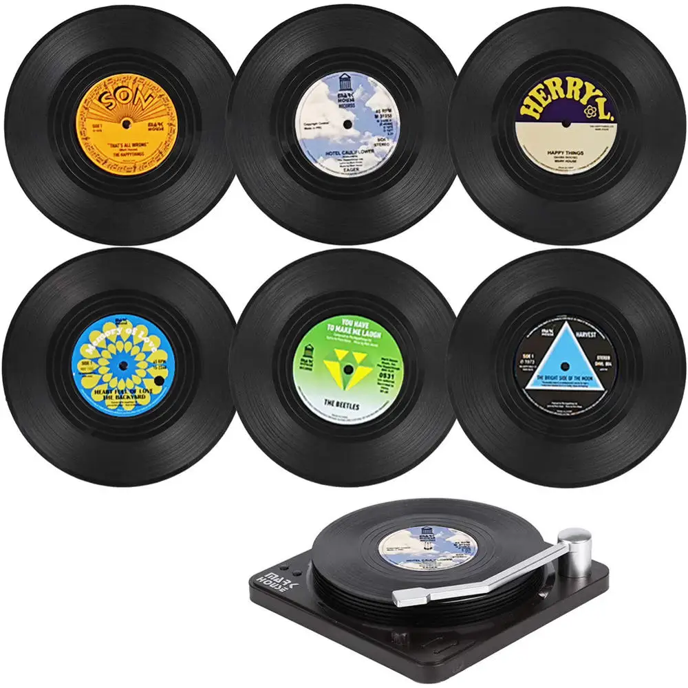 

Retro Record Disk Coaster Mug Pad Mat Creative Music Coasters with Vinyl Record Player Holder Set of 6 Vinyl Coasters for Drinks