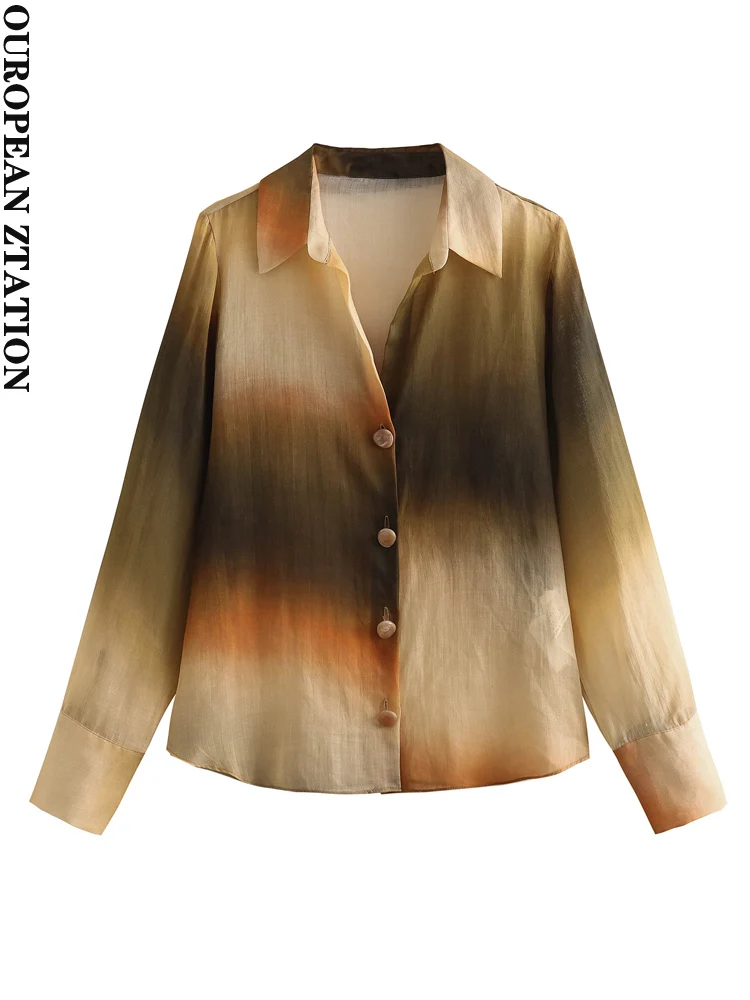 

PAILETE Women 2023 fashion tie-dye ramie shirts vintage long sleeve button-up female blouses blusas chic tops