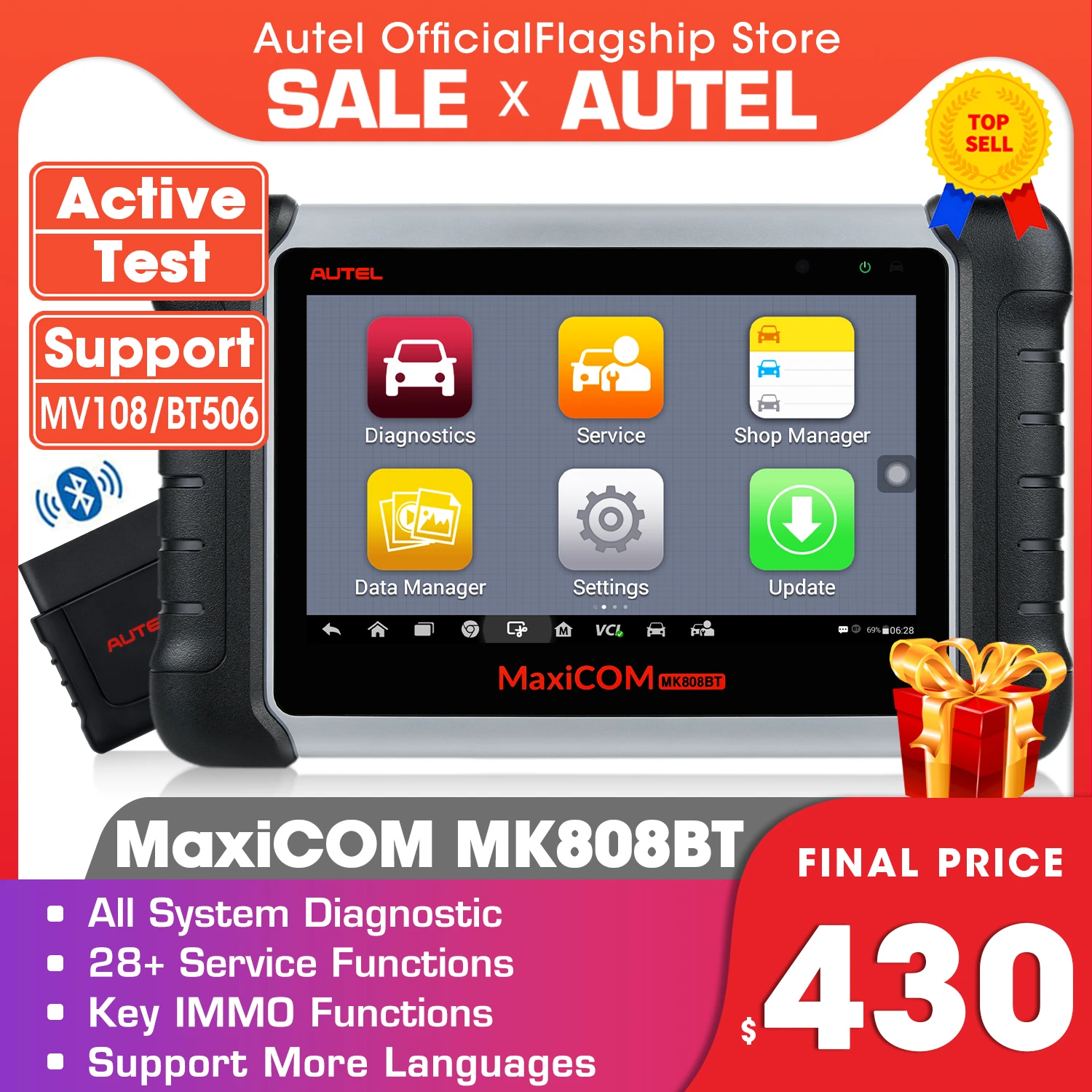 Autel MaxiCOM MK808BT OBD2 Scanner Car Diagnostic Tools Code Reader With Active Test, All System Diagnosis, 28+Services PK MK808 car battery charger