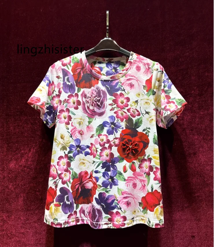 

Women Cotton T-Shirt Handmade Short Sleeve Print Tee Shirt Female Summer 2023 Female Slim Elegant Designer All Match New Arrive