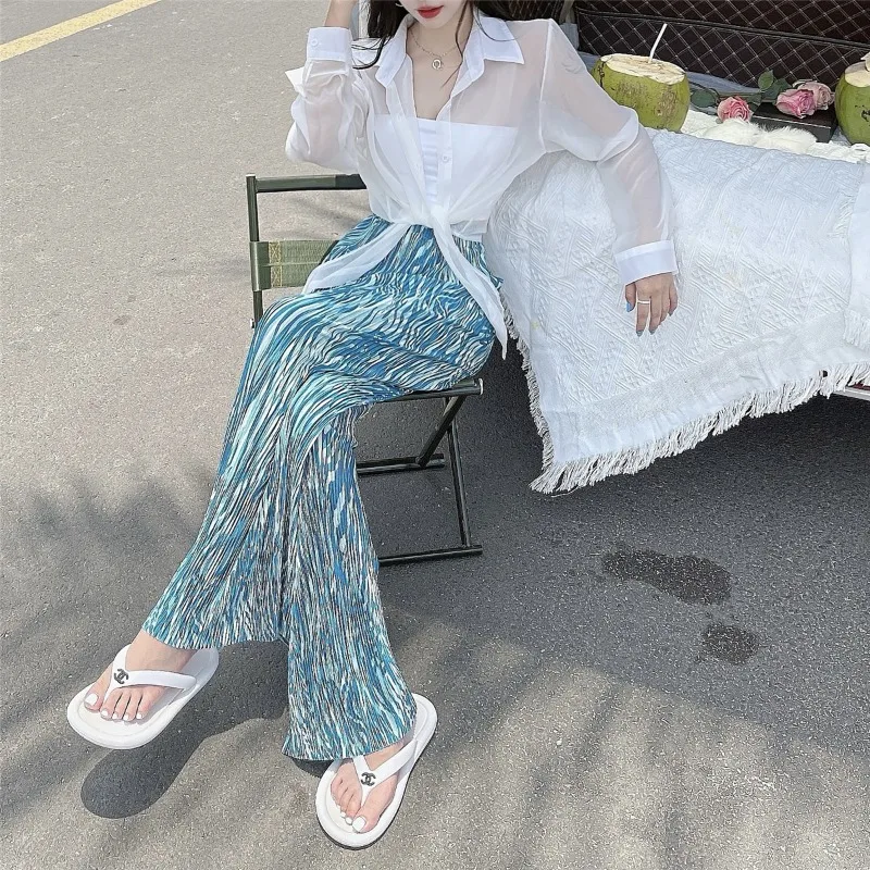 

2024 Summer Women Fashion Ice Silk Wide-leg Pants Female High Waist Casual Trousers Ladies Long Loose Tie-dye Trouser C242