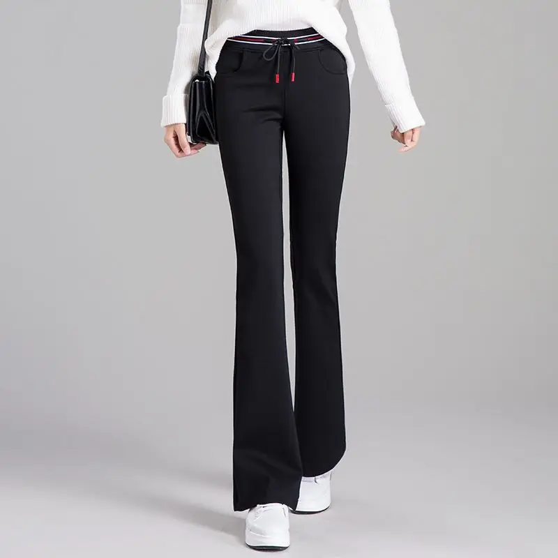 Women's Elastic Waist Drawstring Solid Color Pockets Flare Spring and Autumn Slimming High Waist Slim Casual Trousers Pants
