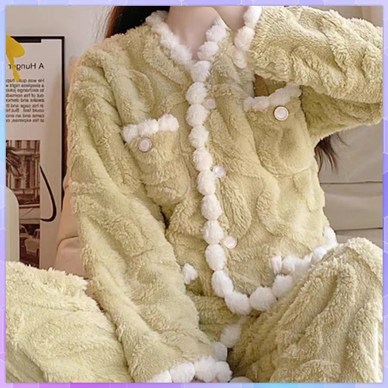 Cute Cartoon Women's Pajamas Set Autumn Winter Sleepwear Plus Velvet  Coral Fleece Thick Warm Suit Animal Female Homewear Piece