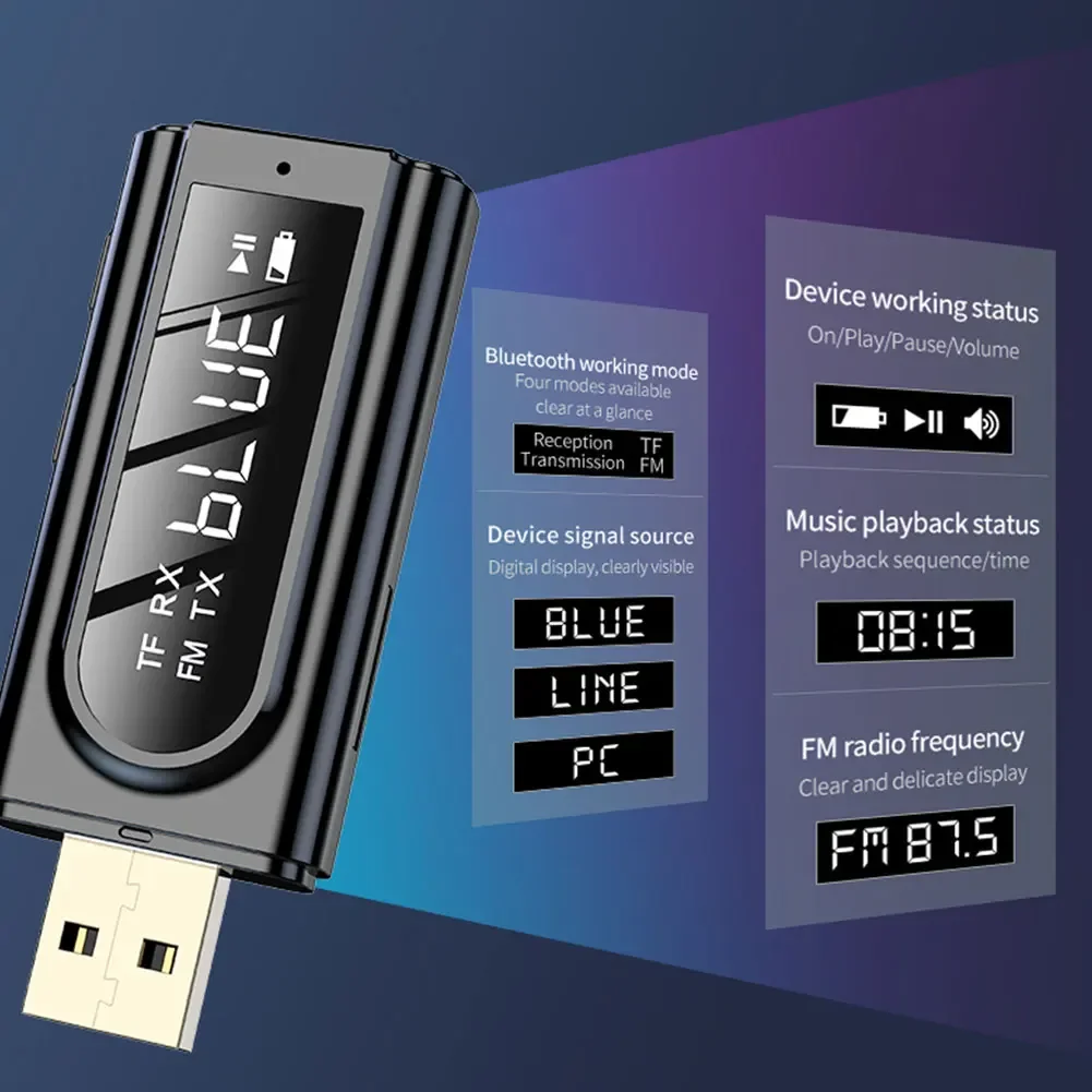 USB 블루투스 5.0 송신기 리시버 LED 디스플레이 MP3 플레이어, Aux 자동차 FM TV PC TF 오디오 스테레오 어댑터, 홈 스피커 BT 자동차 키트