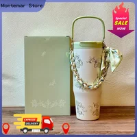 Mug isotherme en céramique à motif printanier 2026 avec paille en verre, couvercle réutilisable et décor brodé, idéal pour le bureau et l'extérieur 3