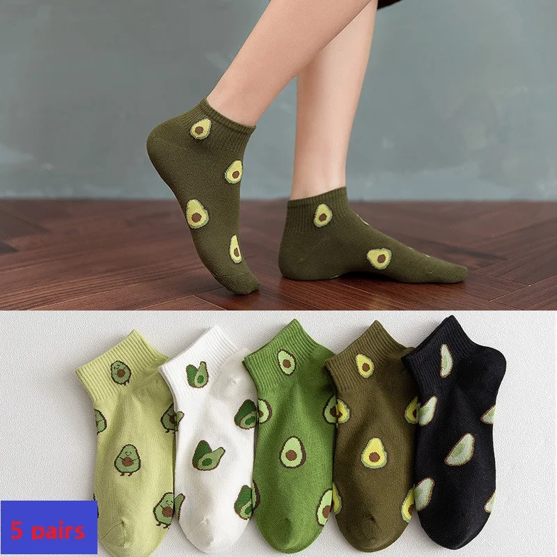 

5Pairs Spring Summer Cotton Socks Women Avocado Strawberry Embroidery Breathable Funny Sock Harajuku School Girl Ankle Socks