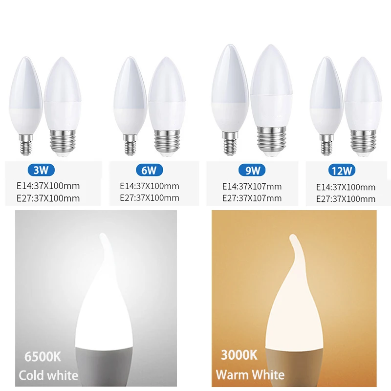 4pcs/배치 LED 전구 E14 E27 LED 조명 실내 따뜻한 차가운 흰색 빛 3W 6W 9W 12W AC220V LED 촛불 전구 홈 장식 펜던트 조명