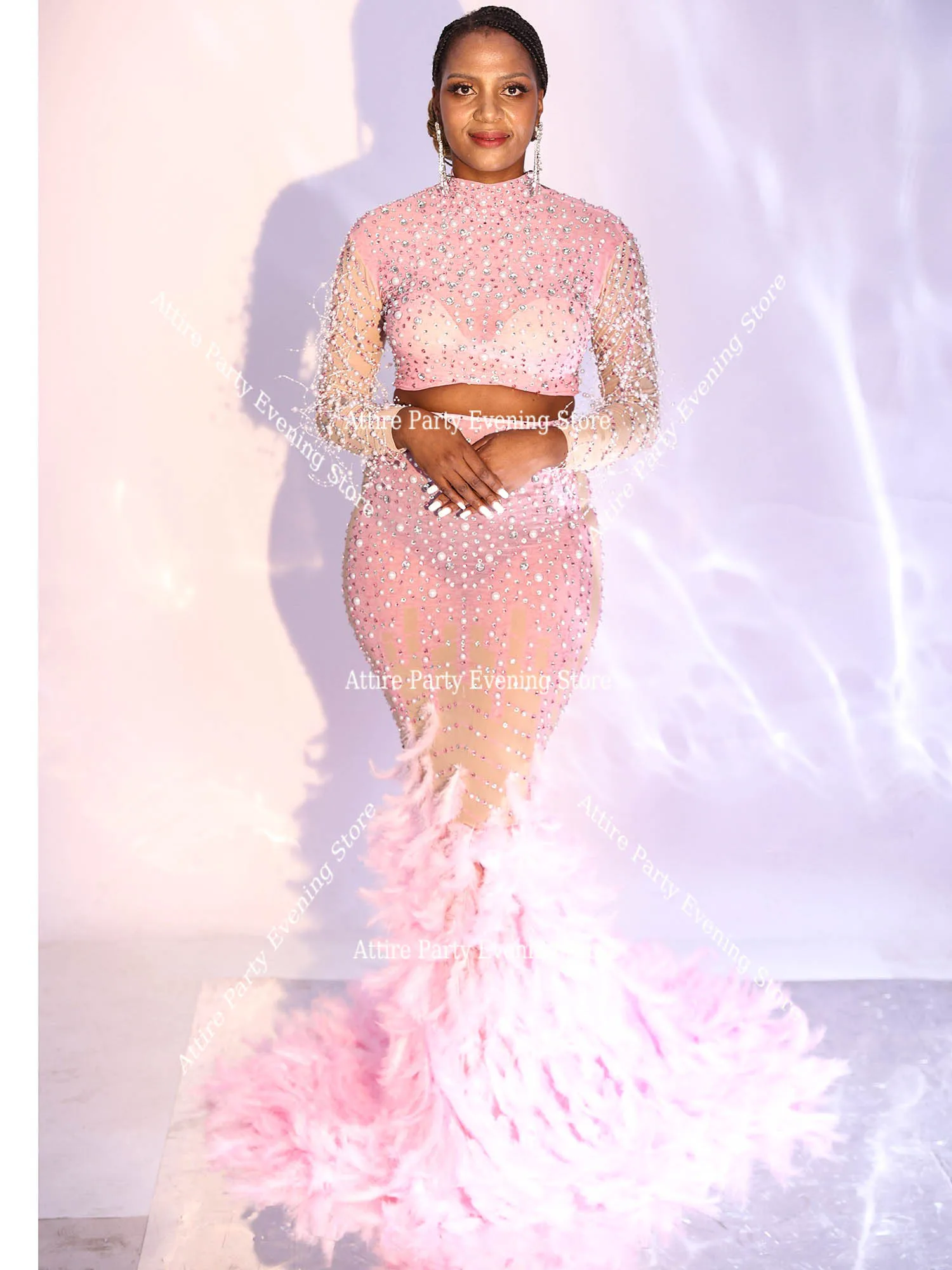 

Evening Feather Dress Sequins Drag Queen Chorus Festival Showgirl Costume Birthday Formal Real 2 piece Pearls Women Celebrate
