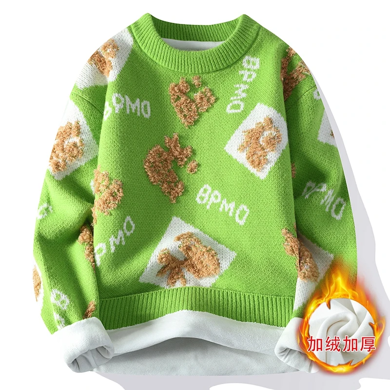 Mink Fleece 2023 Autumn and Winter Men's Pullover Round Neck Printed Letter Fashion Loose Sweater Knitted Long Sleeved Tops