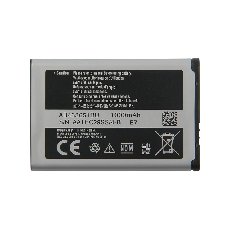 

Replacement Battery AB463651BC For Samsung J800 S3650 S7070 S5608 S3370 L700 W559 S5628 C3222 B3410 F339 1000mAh