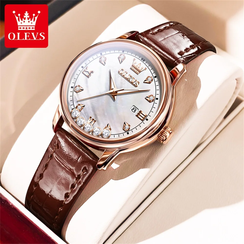 OLEVS-Relógio de pulso feminino quartzo luminoso impermeável, relógio bracelete de luxo, caixa de presente, pulseira de couro, novo