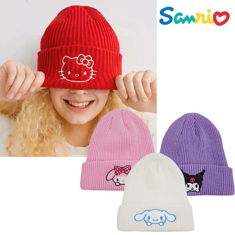 

Sanrios Hellokitty Cinnamoroll вышитая вязаная шапка My Melody Европейская американская шерстяная шапка Kuromi теплый пуловер шляпа подарок