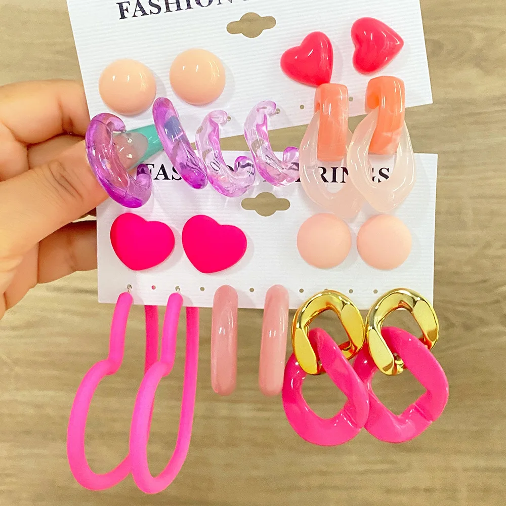 

Pink Acrylic Love Heart Big Hoop Earrings Set Geometric Round Exaggerated Color Earrings for Women Fashion Jewelry Party Gifts