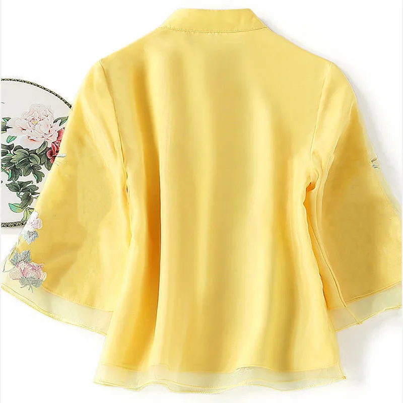 Cheongsam Women's Plus Size Hanfu Tops New Chiffon Embroidery Splicing Chinese Style Retro Tang Costume Qipao Shirts Woman