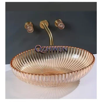 510*350*150 มม.เลียนแบบคริสตัลสายคล้องแก้วอ่างล้างหน้าระเบียงรูปไข่อ่างล้างจานห้องน้ําที่มีสีสันเคาน์เตอร์ล้างมือสระว่ายน้ํา Drainer 1