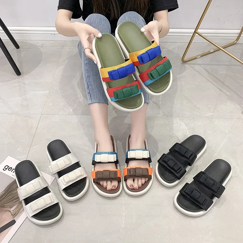 Hollow Out Mesh Colour Blocking Slippers Women Summer Bow Ins Fashion Thick Bottom Outdoor Sandals