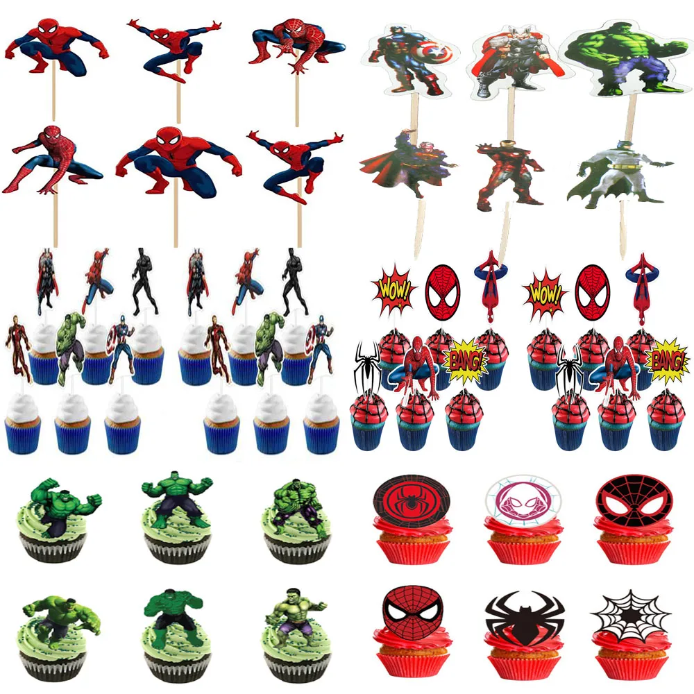 24Pcs Spiderman Cake Decorations Superhero Avengers Cupcake Toppers Boys Favor Party for Kids Birthday Party Cake Supplies Baby