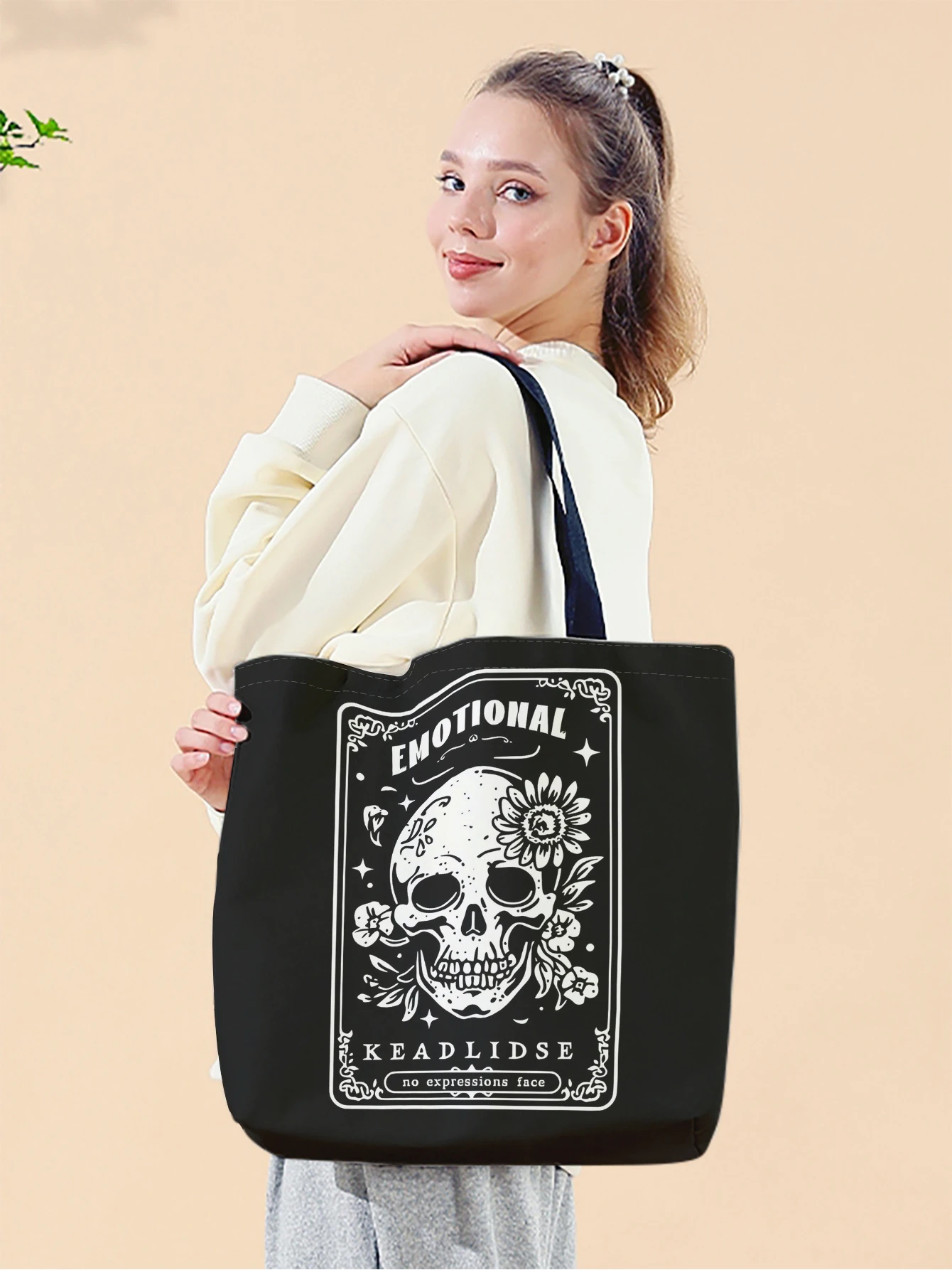 1pc,vintage Harley pattern handbag, reusable fashionable handbag, multifunctional handbag, printed canvas shopping bag