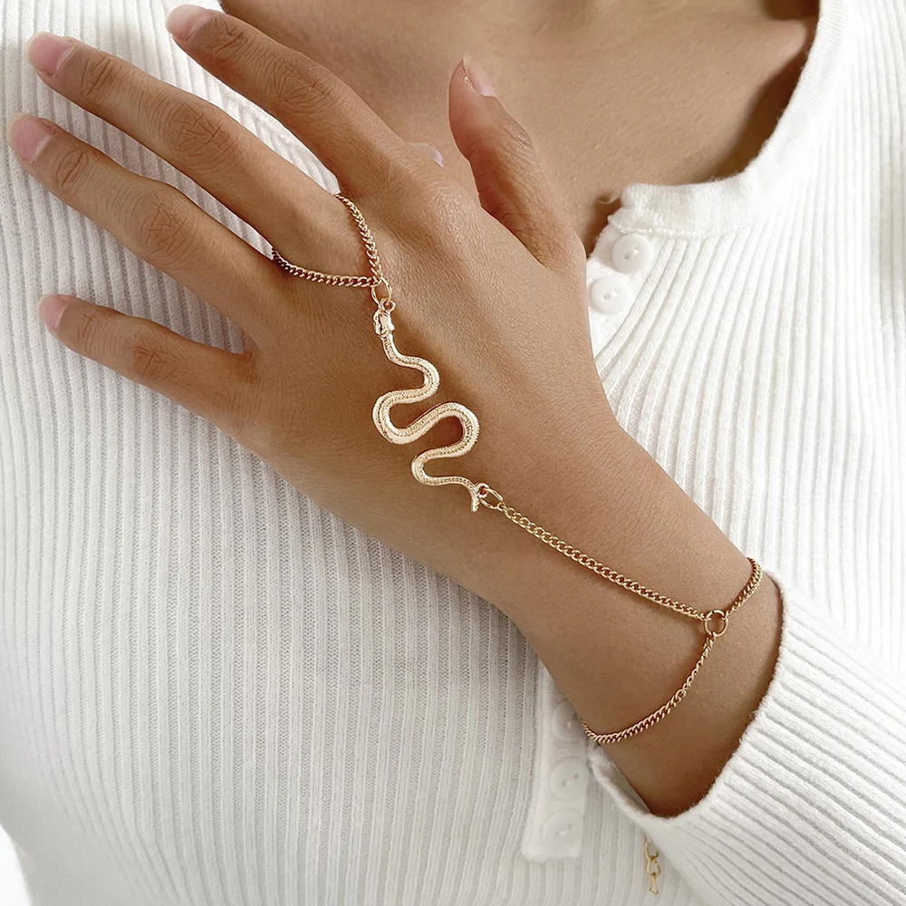 Bohemia Gold Snake Wrist Chain Connected Hand Harness Bracelet Finger Ring for Women Fashion Jewelry Accessories | Украшения и