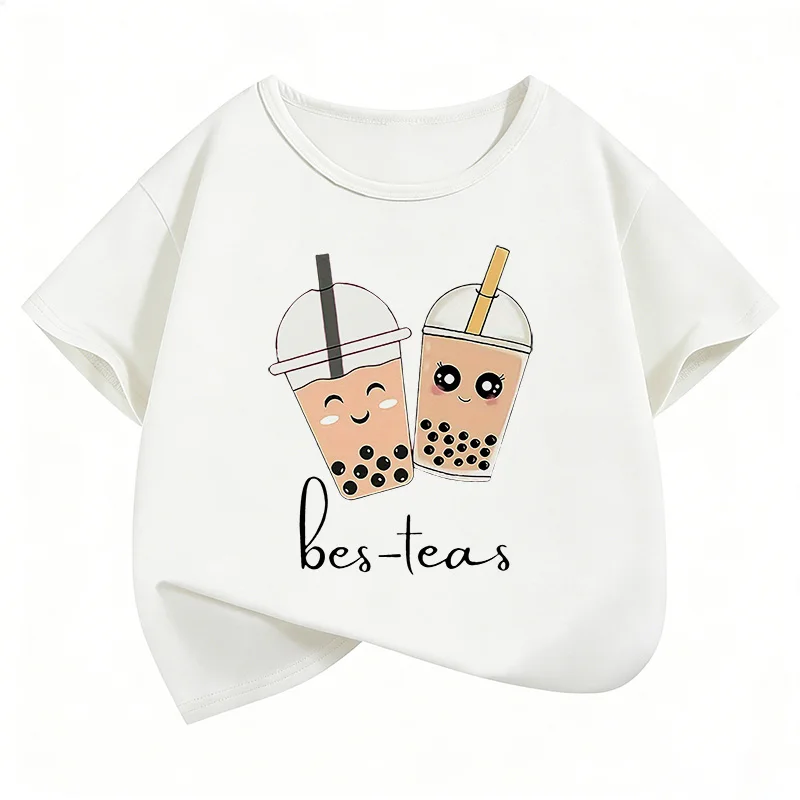 Whimsical Kawaii Tea Party Kids' Cartoon T-Shirt - Short Sleeve Casual Top