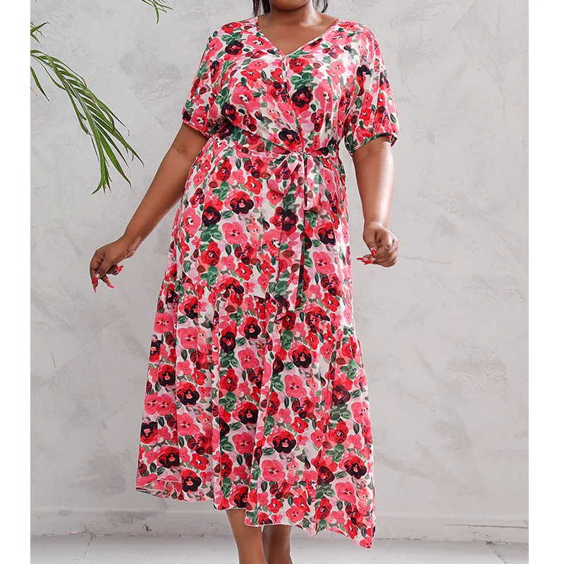 Plus Size Female Clothing Trendy V-Neck Design of Scattered Small Flower Sand Plants Print Lacing Short Sleeve Loose Midi Dress