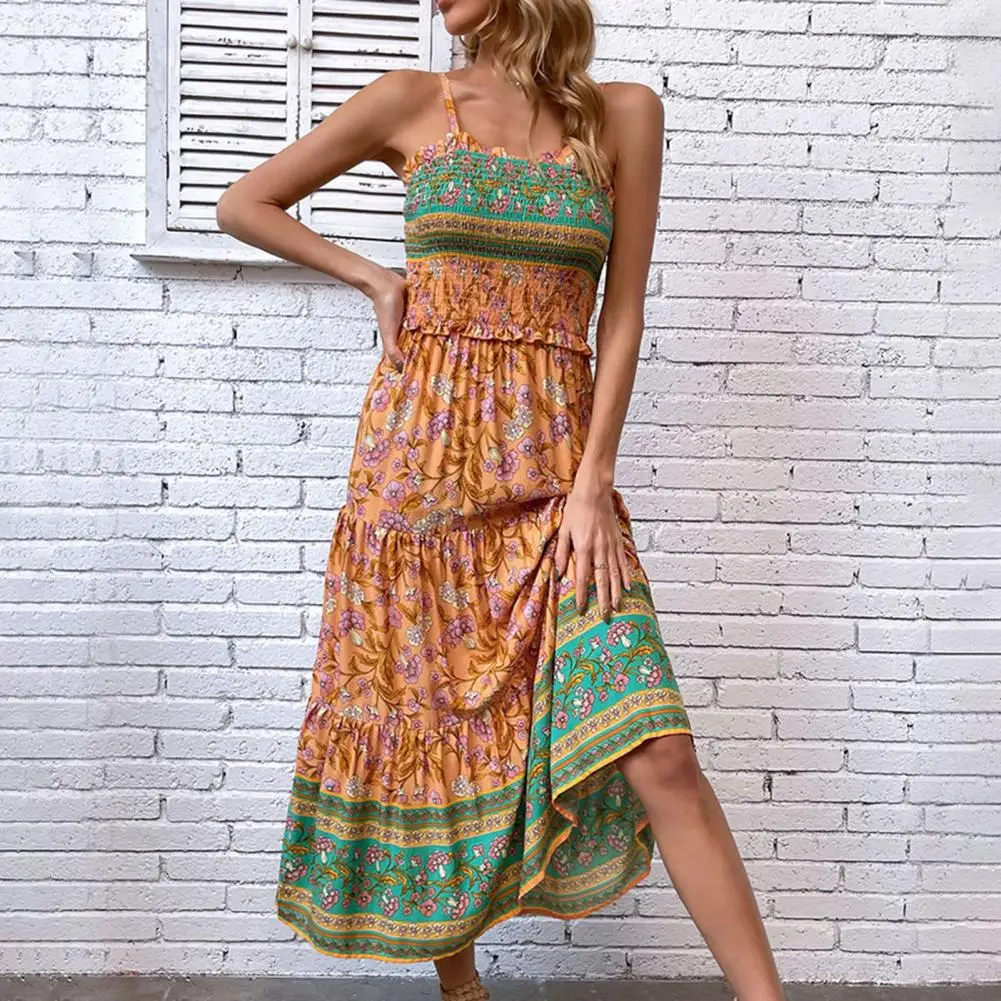 

Women's Resort Slip Dress Sleeveless Printed Patchwork A-Line Hem Ethnic Style Pleated Beach Long Skirt Summer Tank Top