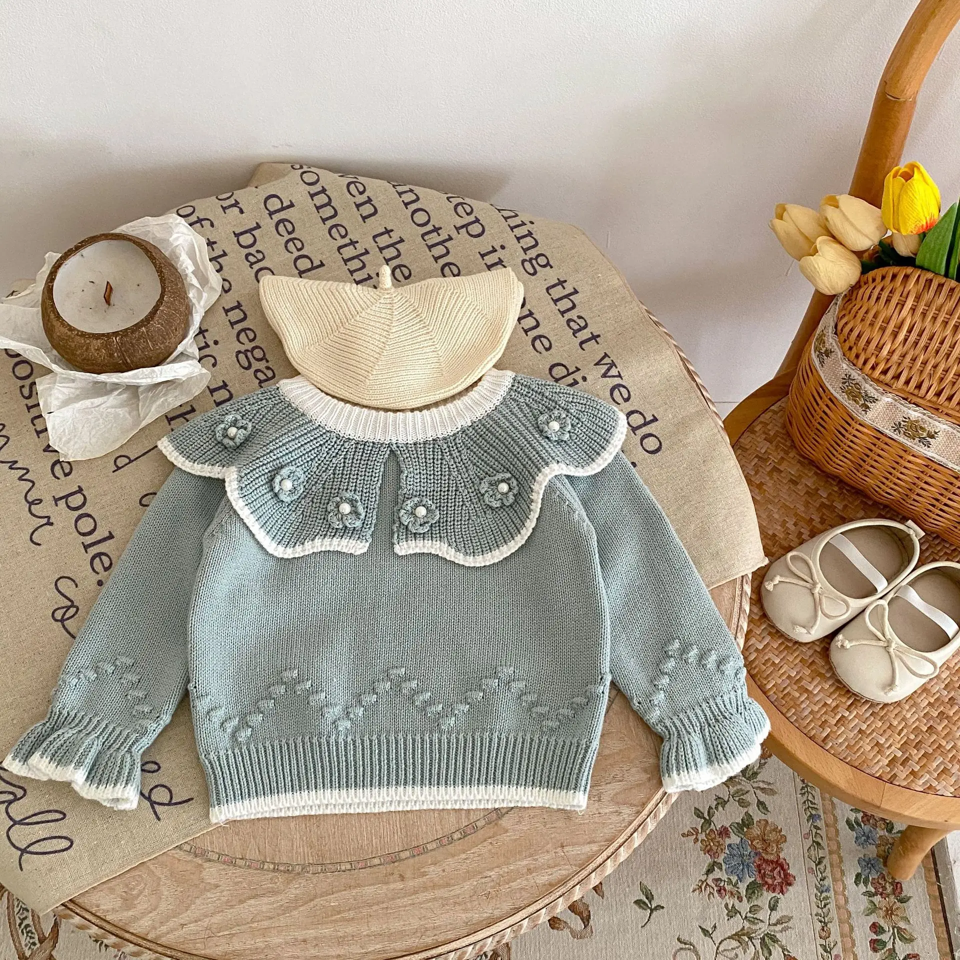 Baby Girls Sweater Spring And Autumn Girl Baby Fashion Versatile Handmade Ball Ball Lotus Collar Pullover Sweater Knit