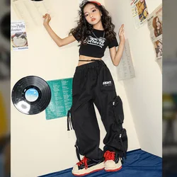 Girls' Hip Hop Outfit Black Waist Tied Letter Short Sleeves Jazz Dance Top and Cargo Pants Costume Set Cool Stage Costumes