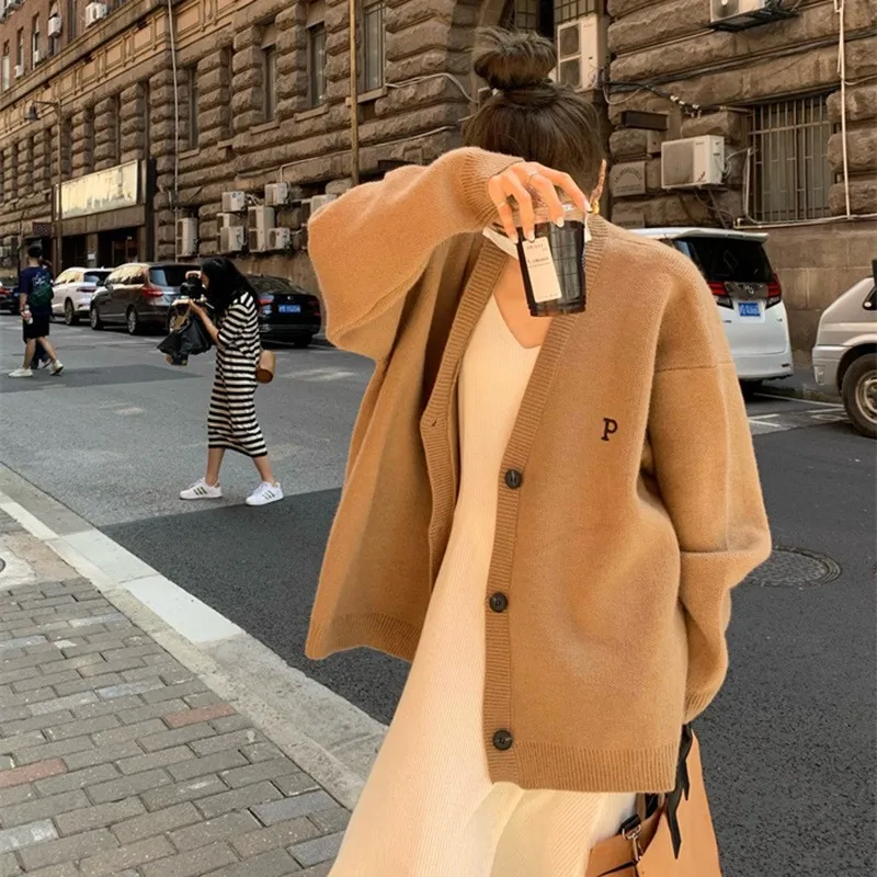 

Alphabet Embroidery Women Sweater V-neck Knit Cardigan Loose Long Sleeve Tops Autumn Spring Casual Cardigan Coat Lazy Style Coat