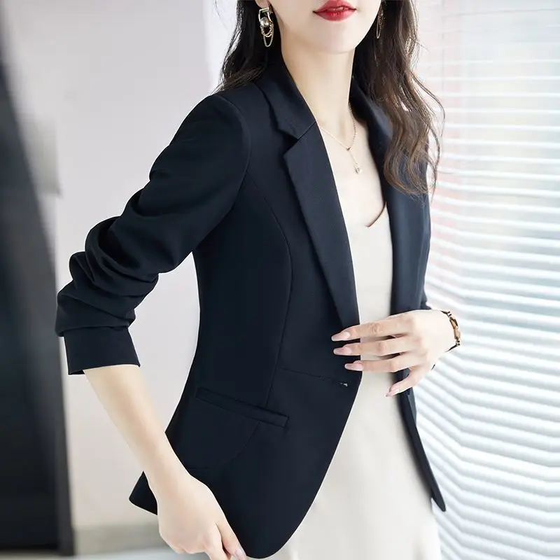 2023 Spring and Autumn Korean Edition Temperament Commuting Simple Suit Collar Slim Fit Solid Color Versatile Long Sleeve Suit