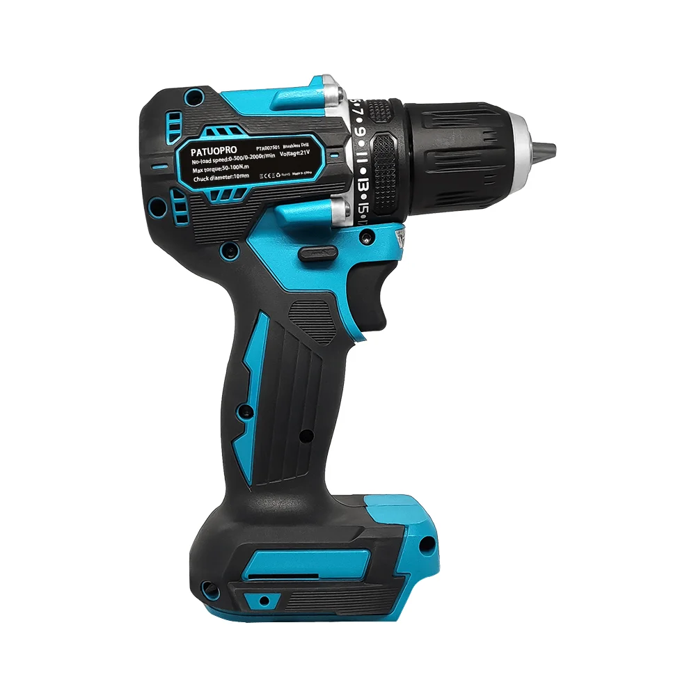 PATUOPRO 브러시리스 전기 드릴, 21 토크 목공 무선 휴대용 전동 공구, Makita 18V 배터리 (배터리 없음), 10mm