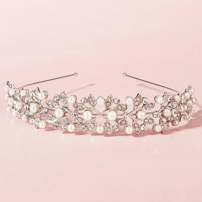 Silberne Strass-Haarkrone mit elfenbeinfarbenen Perlen, Vintage-Kristall-Braut-Hochzeits-Tiara, Braut-Kopfschmuck, Kronen, Mutter-Tochter-Stirnband – Detail 7