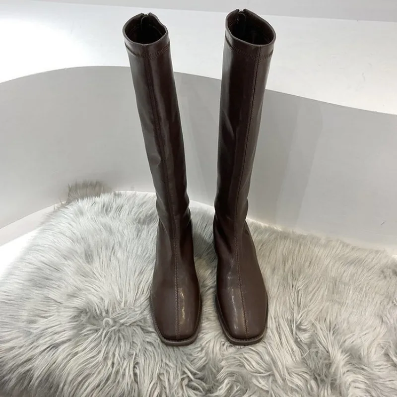 Autumn Winter Women's High Boots Fashion Soft Leather Black Long Boots Ladies Comfort Knee High Boots Thick heeled high boots