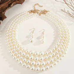 Elegant Multi - Layer Handmade Pearl Beaded Necklace and Earrings Set - Women's Party Jewelry Accessories (White)