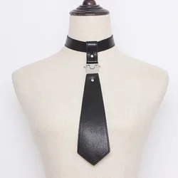Punk Style Couple Pu Leather Black Metal Split Joint Neck Tie Women Men Adjustable Black Leather Tie Fancy Dress Accessories