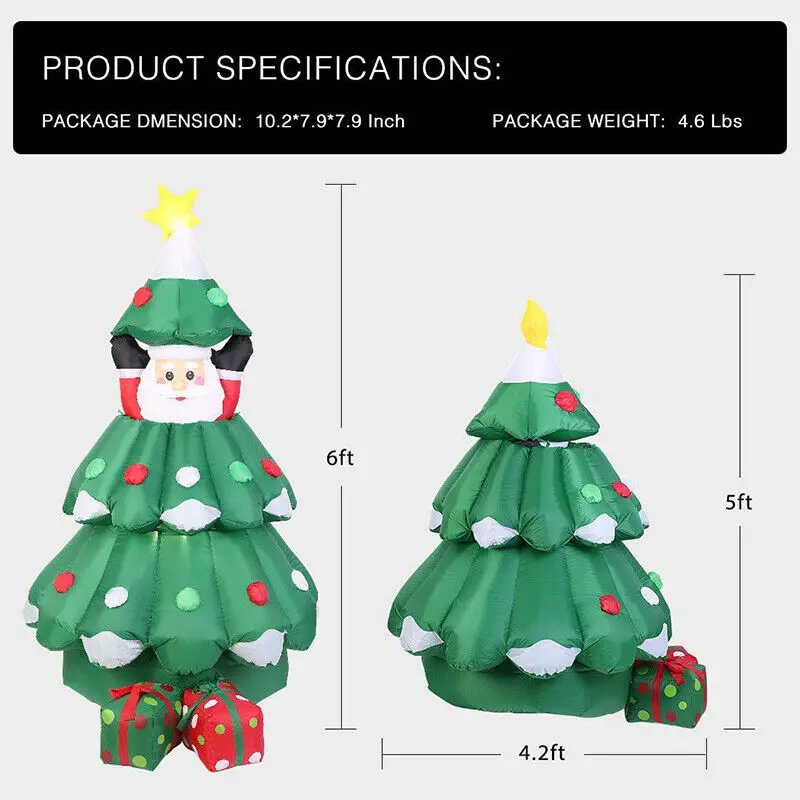 6 Ft Inflatable Christmas Tree with Pop up Santa Gift Boxes Blow up Decoration Xmas Tree with LED Lights Outdoor Toys for Kids 3