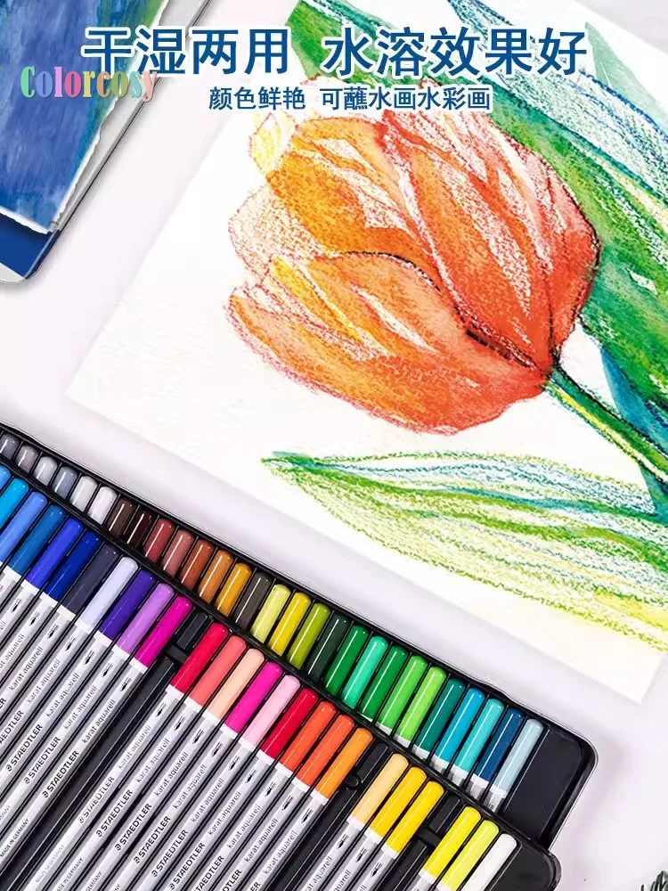 STAEDTLER 카라트 아쿠아렐 수용성 컬러 연필, 습식 및 건식 이중 사용, 풍부한 안료, 60 가지 생생한 색상, 125 M36, 125M60