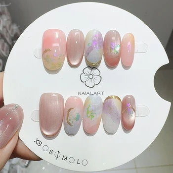 10PCS Glitter Cat Eye Short Oval Handmade False Nail Pink Blurred with Golden Pattern Press on Nail Full Cover Wearable Manicure