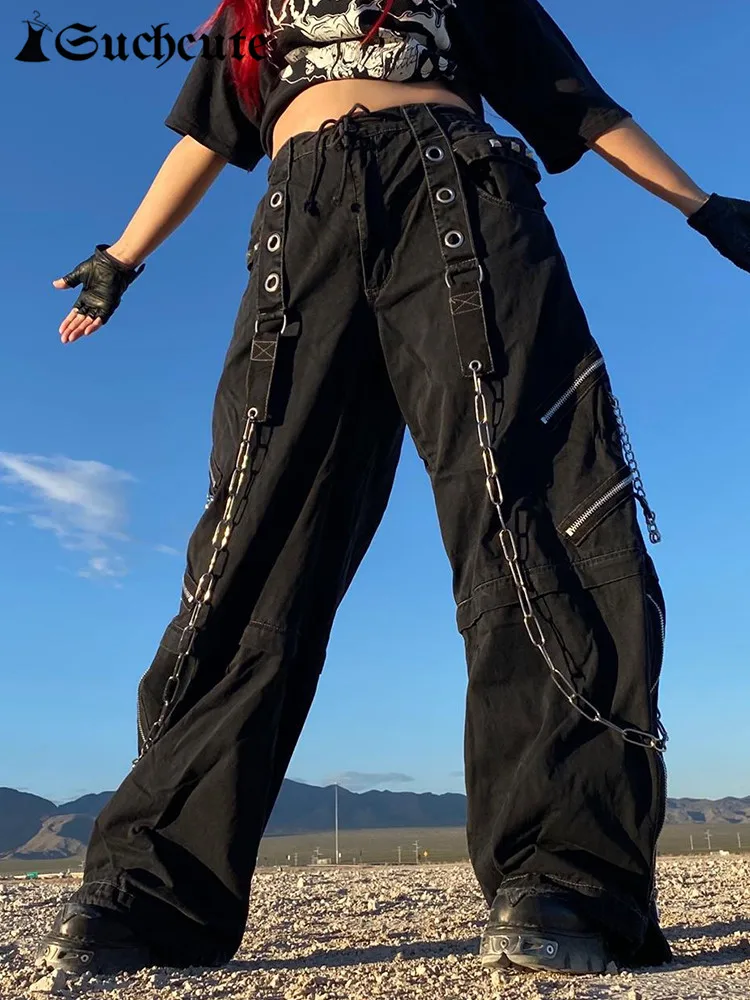SUCHCUTE Gothic Chain Bandage Cargo Pants Women Streetwear Dark Egirl ...