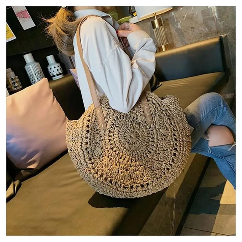 

Casual Rattan Women Shoulder Bags Circle Straw Handbags Large Capacity Handmae Summer Totes Round Bohemian Beach Women Bags