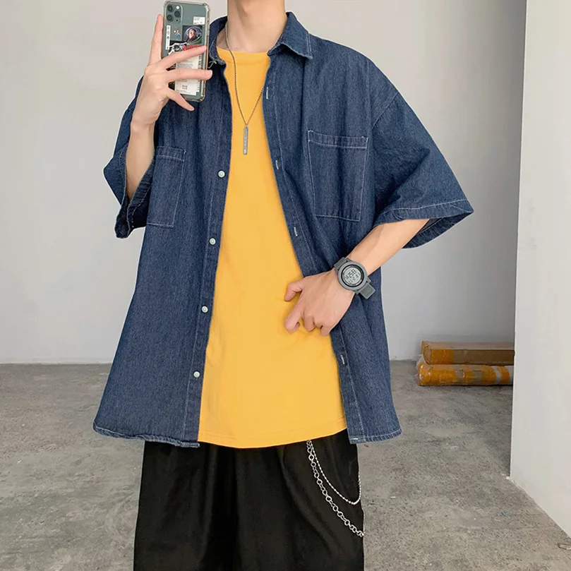 Summer Denim Shirt Men Short Sleeve Cargo Shirt Coat Loose University Handsome Top Clothes Cowboy Oversize denim shirt