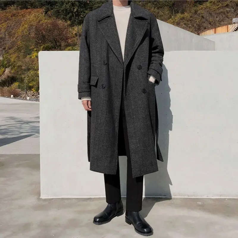 Gmiixder 남성용 두꺼운 모직 코트, 무릎 위 중간 길이 바람막이, 루즈 헤링본 모직 재킷, 한국 우아한 겨울