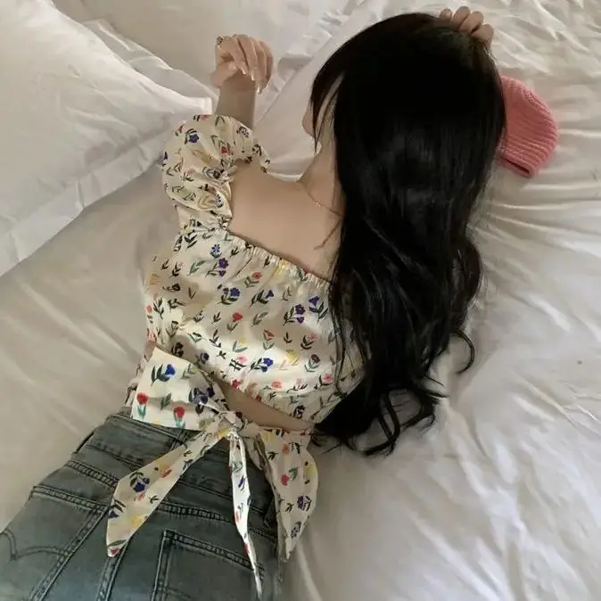 Blouse High Quality French Style Literary Lace-Up Women Vintage Backless Designed Summer Lovely Puff Sleeve Thin Popular Tops