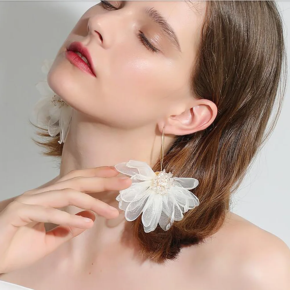 

Vacation Wind Fairy Cloth Large Petal Flower Earrings Mori Earrings Female Korean Temperament Fresh Earrings Earrings for Women