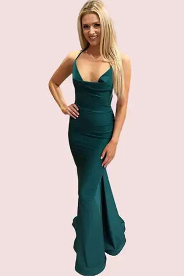 

Long Green Matte Satin Cowl Neck Evening Dresses Mermaid Spaghetti Open Back Sweep Train Abendkleider Robes de Soirée for Women