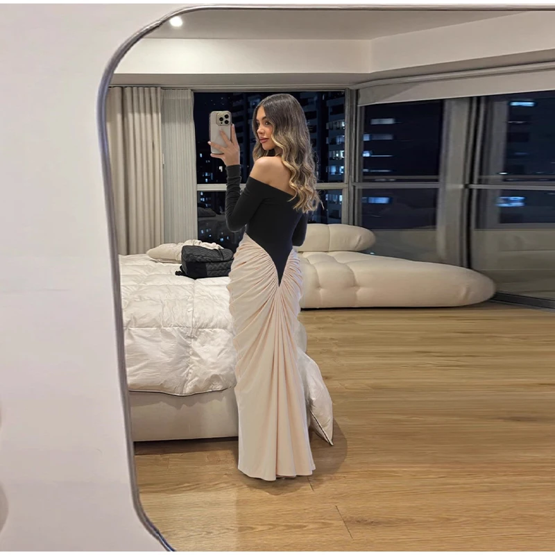 Frauen Patchwork Off-Schulter Midi Kleid Volle Hülse Drapierte Rüschen Unregelmäßige Kleider 2025, Weibliche Neue Tägliche Abend Party robe – Detail 15