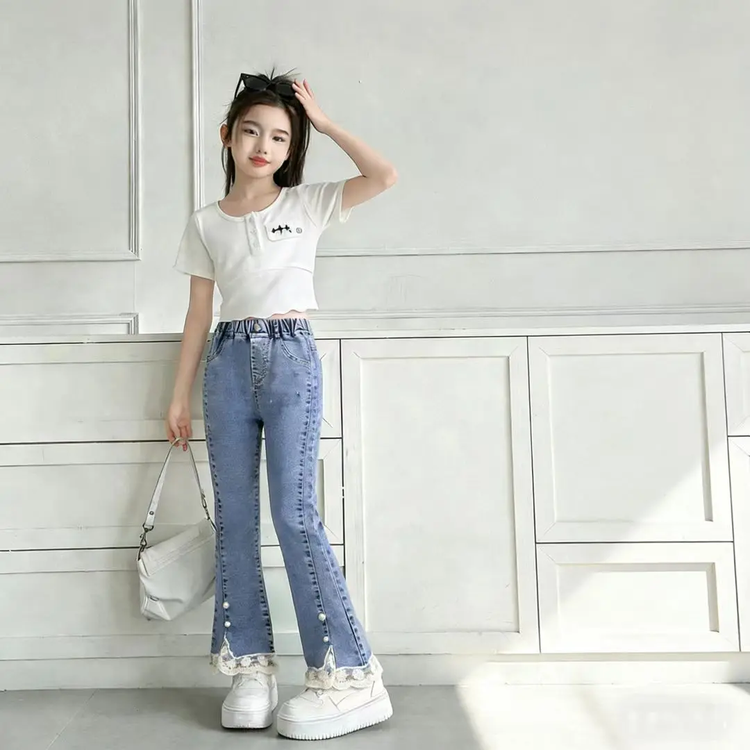 2026년 봄 여름 십대 소녀 청바지 아동 벨보텀 데님 와이드 레그 팬츠 진주 장식 4 8 10 12 14세  바지 키즈