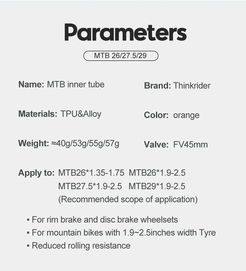 ThinkRider 2PSC Ultraleichter Fahrradschlauch 26 27,5 29 Zoll MTB Fahrrad TPU Material Reifen 45 mm Französisches Ventil Superleicht – Detail 4