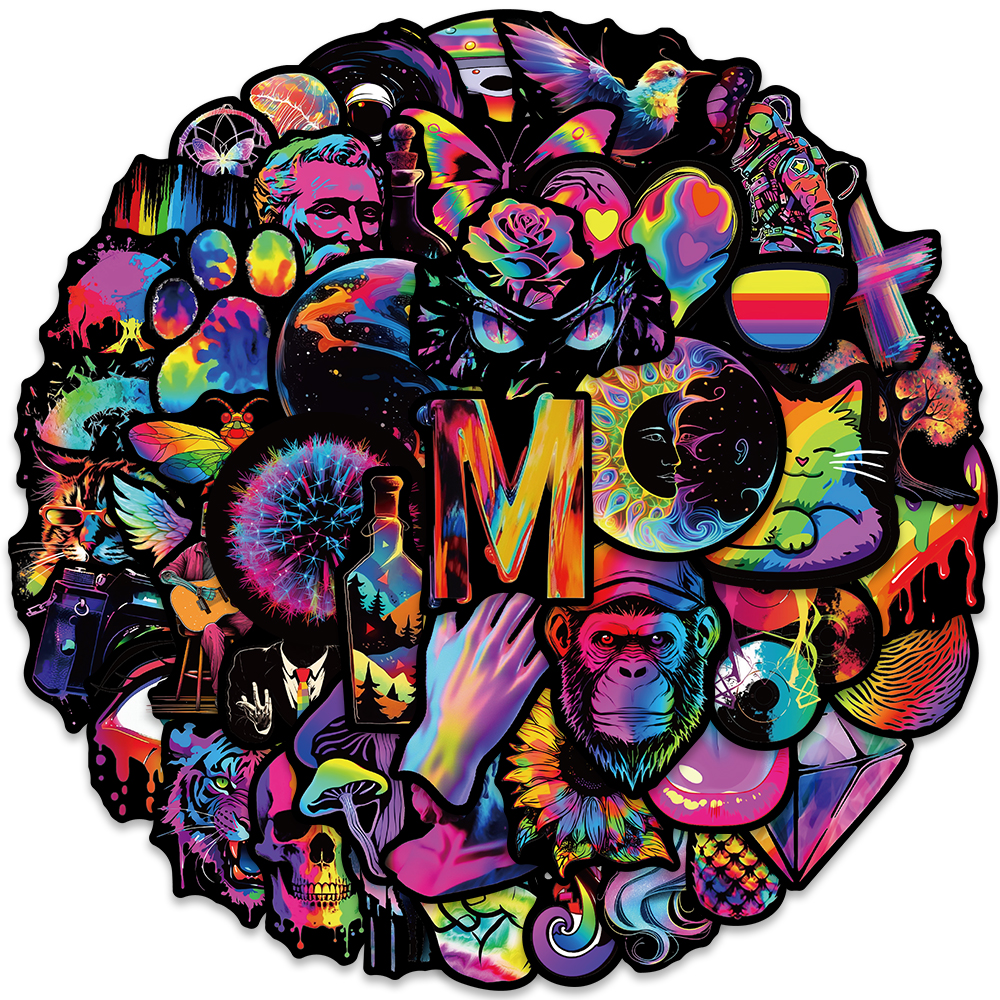 50pcs Vinyl Laptop Decals Funny Cartoon Rainbow Hippie Trippy Stickers For Luggage Guitar Phone Bike Car Waterproof Graffiti