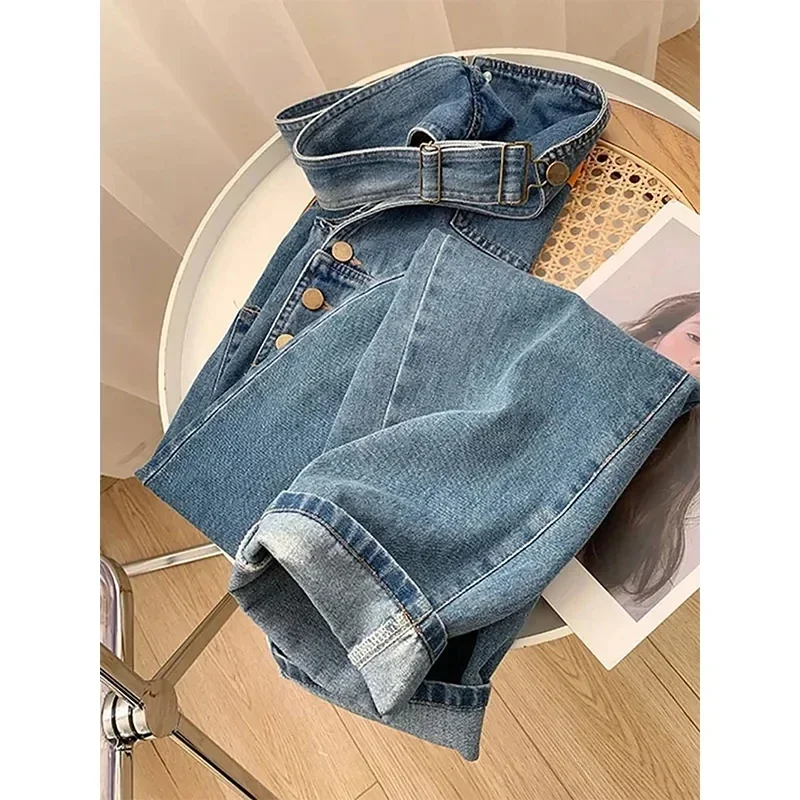 2024 Jumpsuits Women Streetwear Denim Overalls Vintage Loose Casual Wide Leg Pants High Waist Strap Straight Jeans Trousers New
